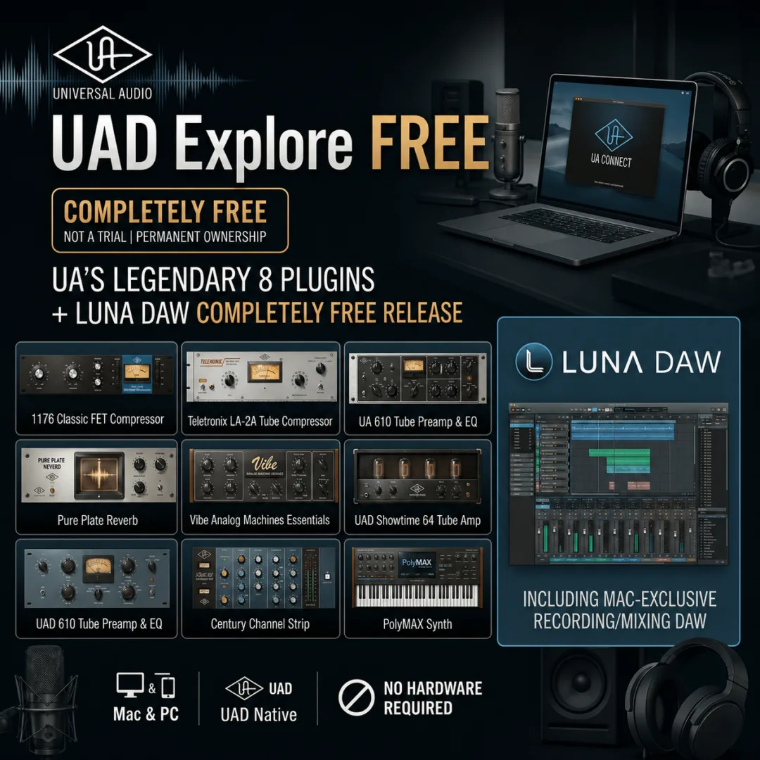 UAD Explore FREE – UA의 전설적인 플러그인 8종 + LUNA DAW 완전 무료 공개