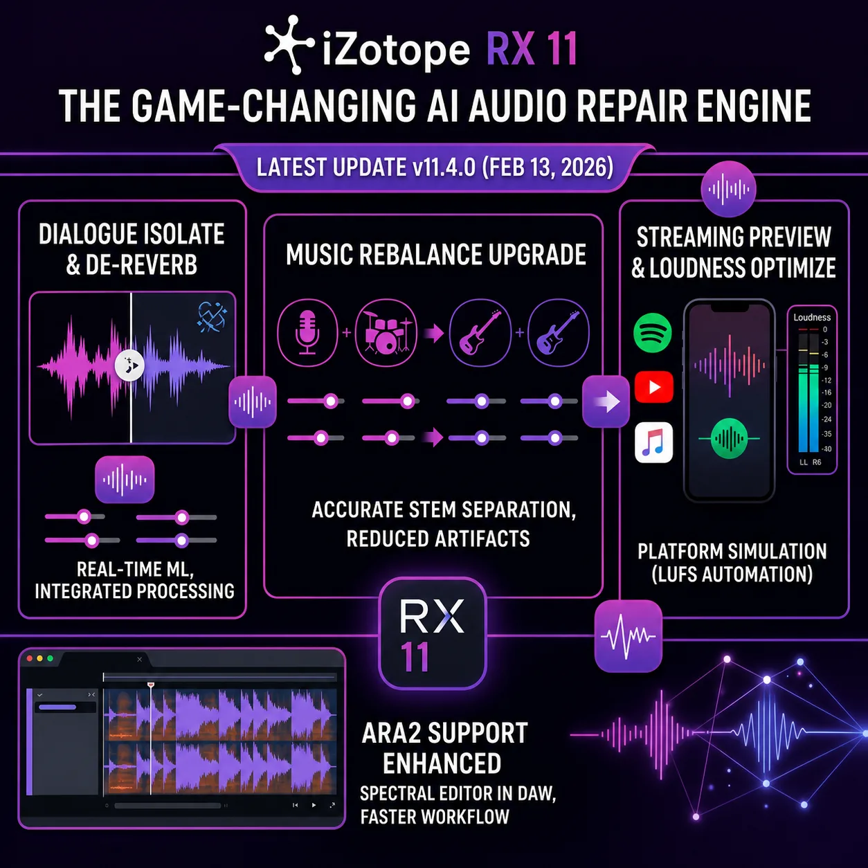 Dialogue Isolate, Music Rebalance 등 기능 패널을 보라색으로 정리한 iZotope RX 11 오디오 복원 인포그래픽