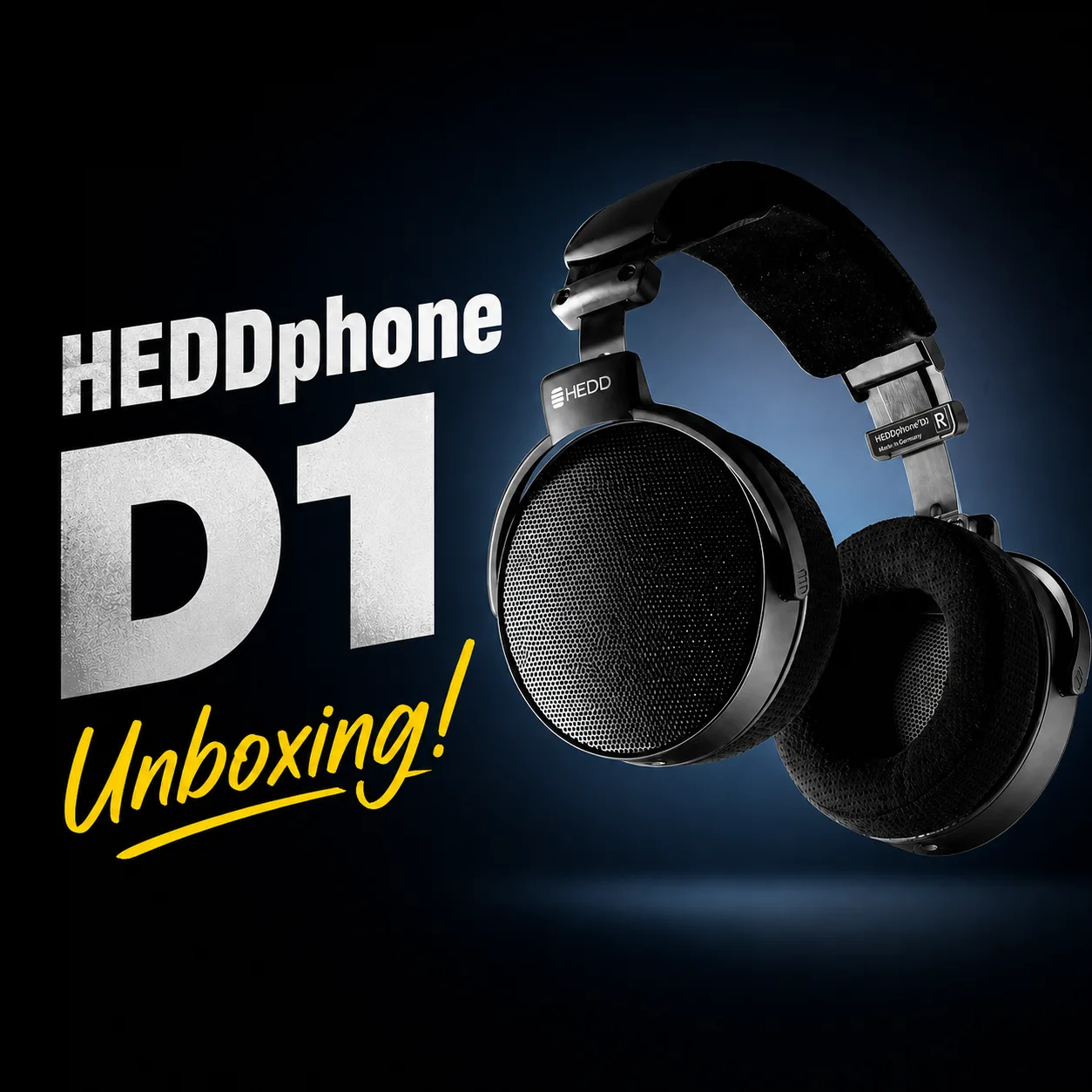 파란 조명 배경에 떠 있는 검은색 HEDDphone D1 오버이어 헤드폰과 노란색 'Unboxing!' 손글씨