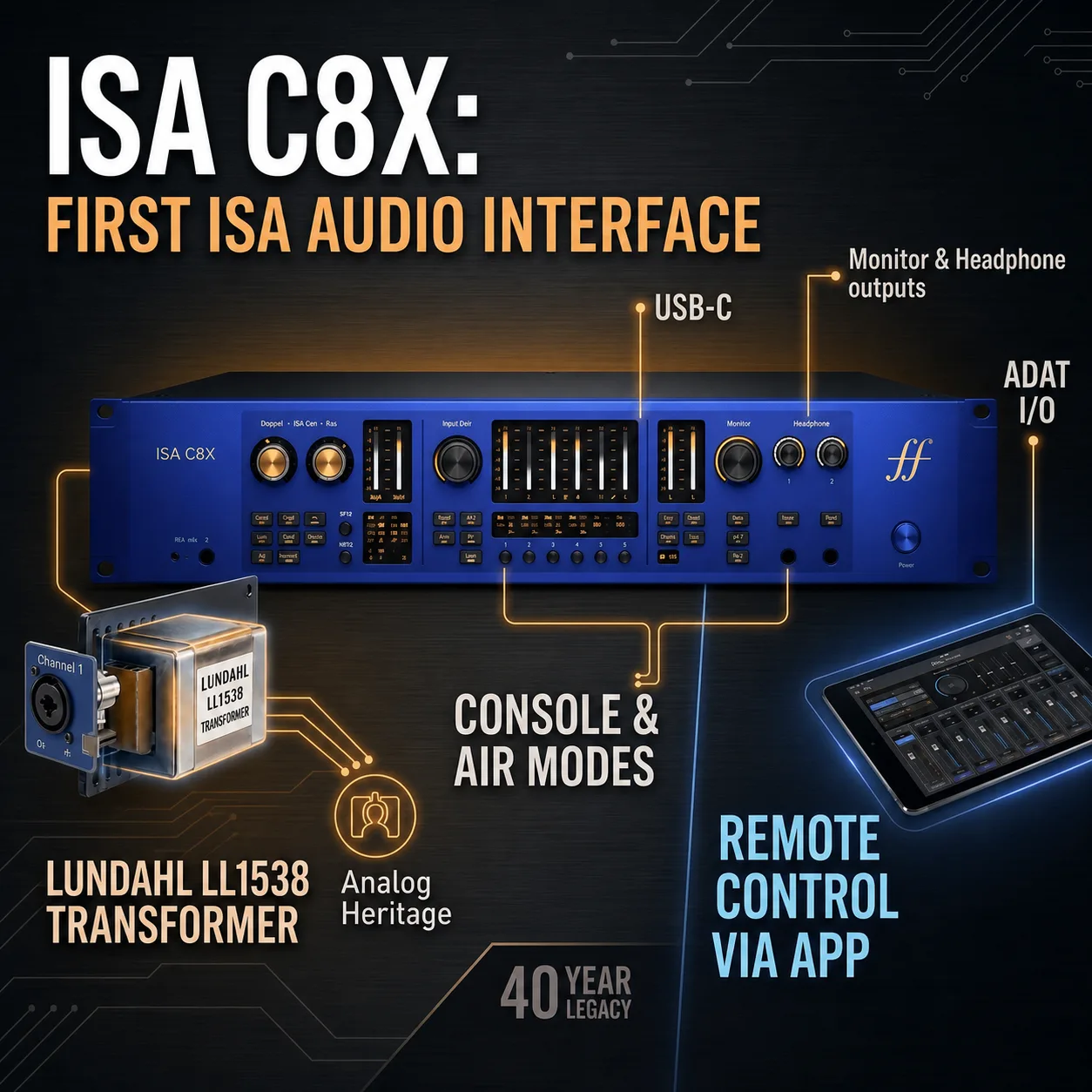 파란색 Focusrite ISA C8X 랙 오디오 인터페이스와 Lundahl 트랜스포머, 리모트 컨트롤 태블릿을 함께 보여주는 그래픽