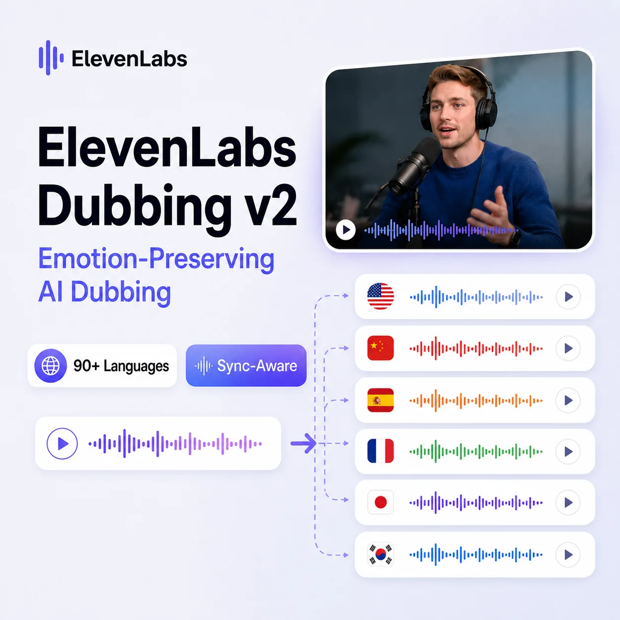 헤드폰을 쓰고 마이크 앞에서 말하는 남성 영상과 국기별 음성 파형으로 표현한 ElevenLabs Dubbing v2 다국어 더빙 그래픽