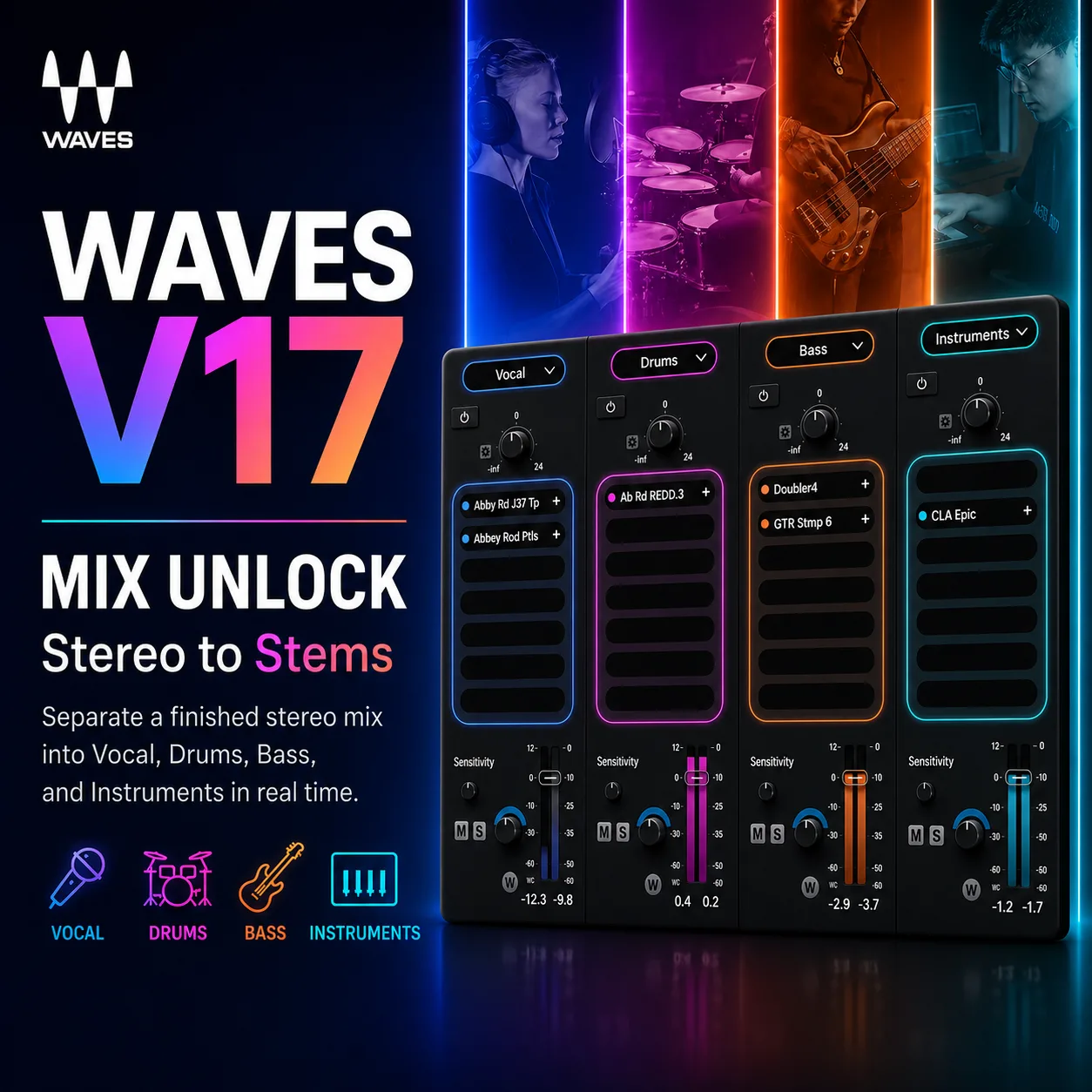 네온 조명 속 연주자들을 배경으로 보컬·드럼·베이스·악기 4개 스템 채널이 늘어선 Waves V17 Mix Unlock 플러그인 화면