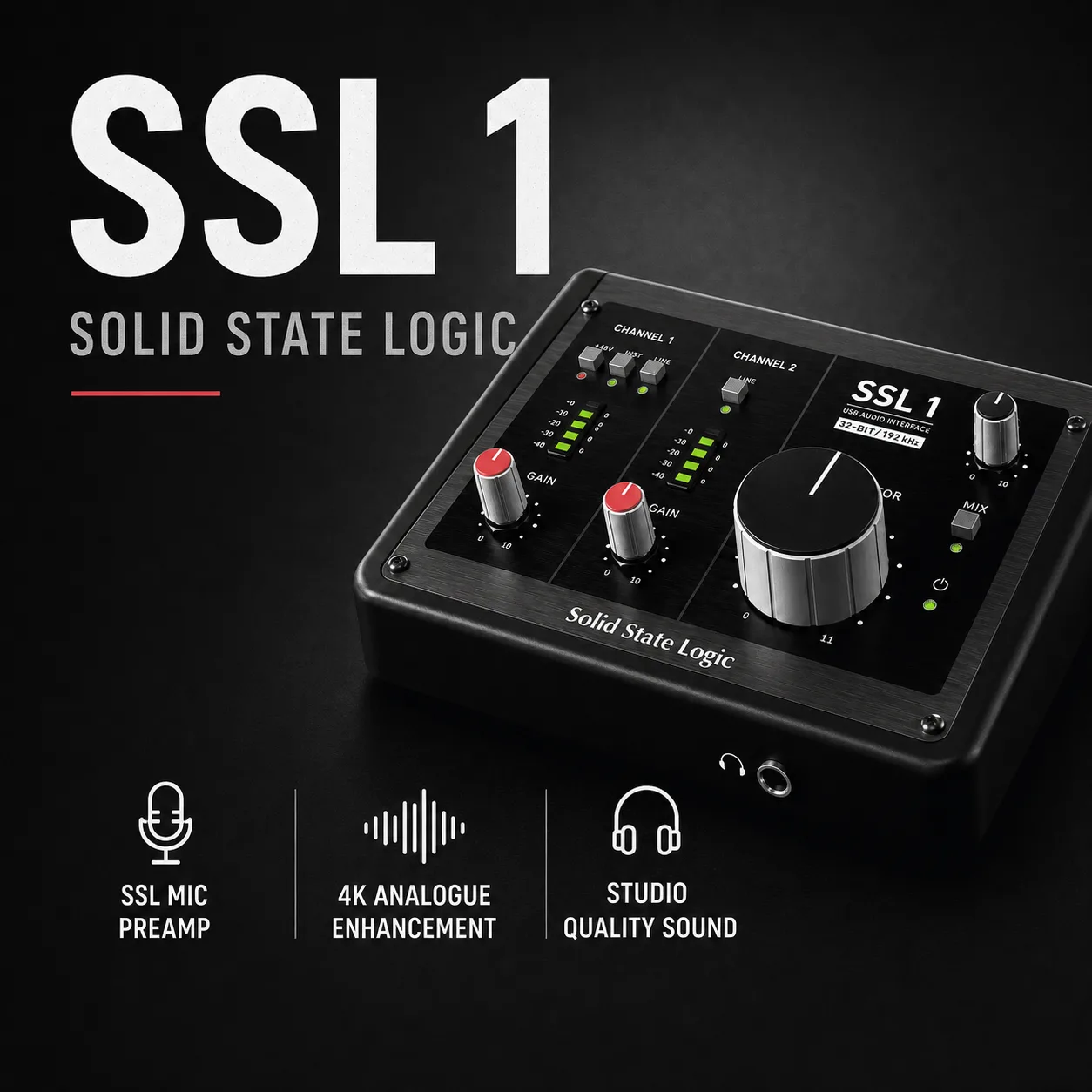 게인 노브 두 개와 큰 모니터 노브, LED 미터가 달린 검은색 SSL 1 오디오 인터페이스 제품 사진