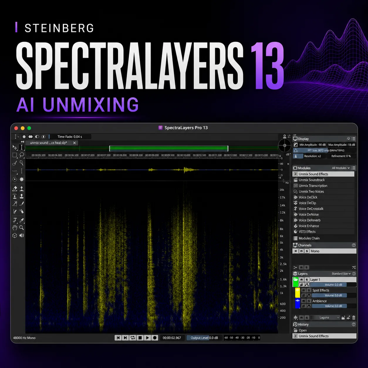 보라색 배경에 SpectraLayers 13 AI Unmixing 문구와 노란 스펙트로그램이 표시된 SpectraLayers Pro 13 편집 화면